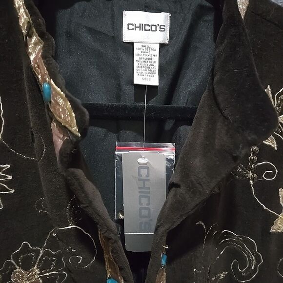 Brown Embroidered Floral Velvet Jacket SzXL Chicos 3 Gold Asian Beaded Boho Glam - Picture 6 of 16